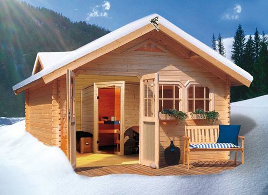 Buitensauna, Saunahuis Forssa: Blokhut B:402 x D:402cm - Sauna: B:196 x D:196cm